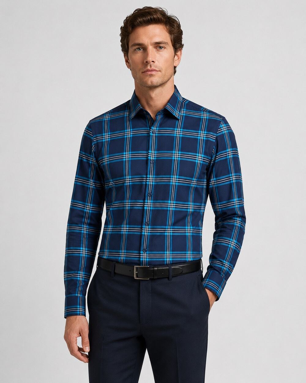 Hugo Boss  Slim Fit Stretch Plaid Button Down Shirt preppy M Blue Long Sleeve